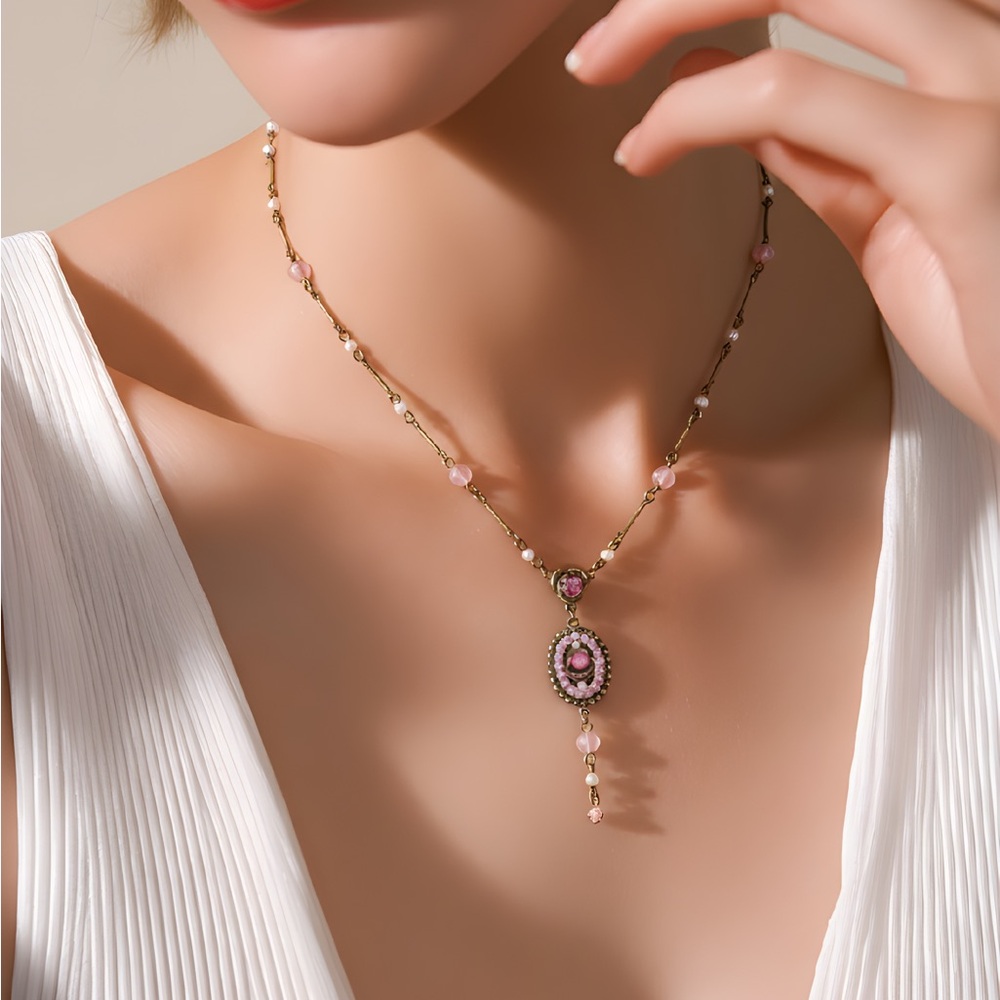 Vintage Style Pink & Purple Flower Necklace